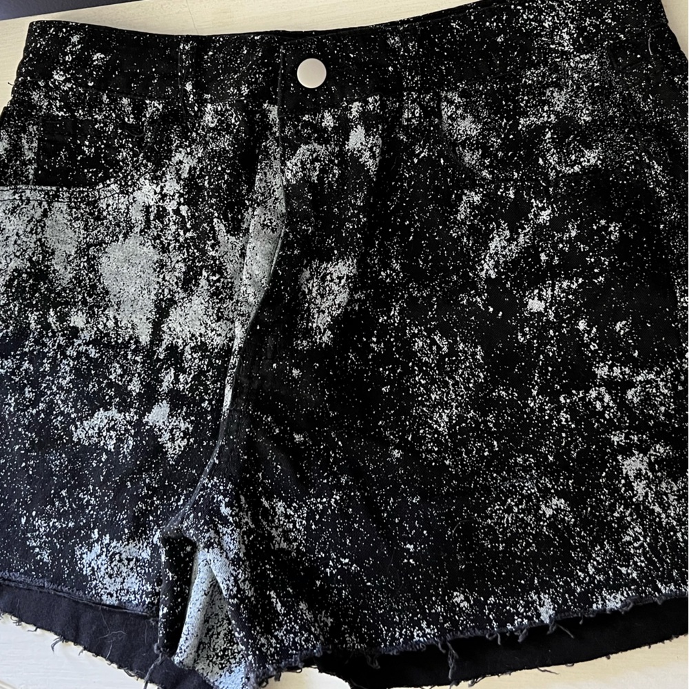 Black Raw Hem Shorts w/ White Splatter Design